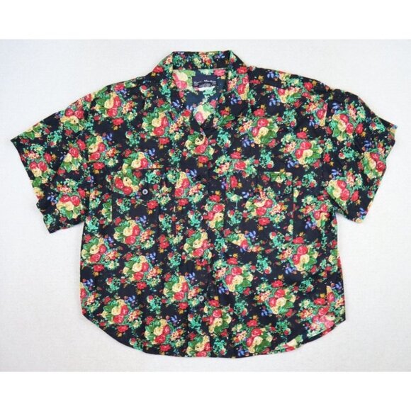 HUNTERS RUN - WOMEN'S BLACK FLORAL PRINT SHORT SLEEVE BUTTON-UP SHIRT - SIZE S - Picture 3 of 7